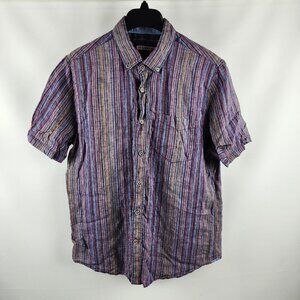 32 BAR BLUES Shirt Mens Large Multicolor Stripe S/S Button Down 100% Linen